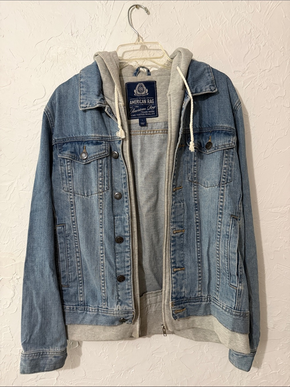 American Rag Light Blue Denim Jacket with Gray Attached Hoodie
